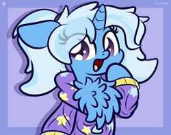 Size: 1920x1513 | Tagged: safe, artist:kimjoman, gameloft, character:trixie, species:pony, species:unicorn, alternate hairstyle, babysitter trixie, chest fluff, clothing, cute, diatrixes, female, gameloft interpretation, hoodie, impossibly large chest fluff, mare, solo
