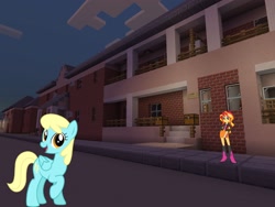Size: 2048x1536 | Tagged: safe, artist:greendwarf333, artist:topsangtheman, character:sassaflash, character:sunset shimmer, species:pegasus, species:pony, my little pony:equestria girls, house, looking at you, minecraft