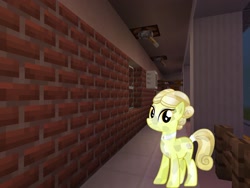 Size: 2048x1536 | Tagged: safe, artist:topsangtheman, artist:vector-brony, species:crystal pony, species:earth pony, species:pony, balcony, golden glitter, house, looking at you, minecraft, solo
