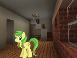 Size: 2048x1536 | Tagged: safe, artist:eugenebrony, artist:topsangtheman, character:apple fritter, species:earth pony, species:pony, apple family member, female, house, looking at you, minecraft, solo
