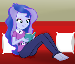 Size: 1500x1272 | Tagged: safe, artist:grapefruitface1, character:princess luna, character:vice principal luna, my little pony:equestria girls, barefoot, book, clothing, couch, feet, female, happy, pillow, reading, relaxing, throw pillow, vice principal luna