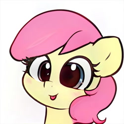 Size: 1024x1024 | Tagged: safe, ai model:thisponydoesnotexist, oc, species:pony, artificial intelligence, blushing, female, filly, neural network, not apple bloom, not fluttershy, simple background, solo, tongue out