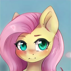 Size: 1024x1024 | Tagged: safe, ai model:thisponydoesnotexist, species:pony, blue background, blushing, bust, female, mare, neural network, not fluttershy, pouting, simple background, solo