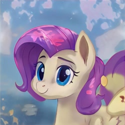 Size: 1024x1024 | Tagged: safe, ai model:thisponydoesnotexist, species:earth pony, species:pony, abstract background, blue eyes, cloud, female, neural network, not rarity, purple mane, smiling, solo