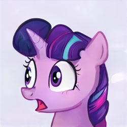 Size: 1024x1024 | Tagged: safe, ai model:thisponydoesnotexist, edit, character:starlight glimmer, character:twilight sparkle, species:pony, species:unicorn, bust, female, neural network, simple background, solo, surprised, twilight's mane, what has magic done