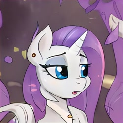 Size: 1024x1024 | Tagged: safe, ai model:thisponydoesnotexist, species:pony, species:unicorn, blue eyes, female, mare, neural network, purple mane, simple background, solo, white coat
