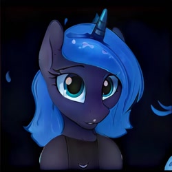 Size: 1024x1024 | Tagged: safe, ai model:thisponydoesnotexist, species:alicorn, species:pony, bust, dark background, female, neural network, puppy dog eyes, short hair, simple background, solo