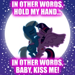 Size: 2000x2000 | Tagged: safe, artist:navitaserussirus, edit, character:trixie, character:twilight sparkle, character:twilight sparkle (alicorn), species:alicorn, species:pony, ship:twixie, female, fly me to the moon, frank sinatra, kissing, lesbian, moon, shipping, song reference