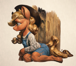 Size: 1200x1040 | Tagged: safe, artist:assasinmonkey, character:applejack, species:anthro, species:earth pony, species:pony, species:unguligrade anthro, arm hooves, clothing, cowboy hat, female, hat, mare, overalls, profile, realistic horse legs, sitting, solo