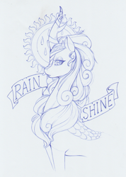 Size: 1103x1551 | Tagged: safe, artist:longinius, character:rain shine, species:kirin, bust, curly mane, eyelashes, female, frown, horn, horn jewelry, jewelry, looking at you, makeup, portrait, profile, regalia, simple background, solo, striped horn, text, traditional art