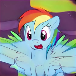 Size: 1024x1024 | Tagged: safe, ai model:thisponydoesnotexist, species:pegasus, species:pony, body horror, deformed, multicolored hair, neural network, not rainbow dash