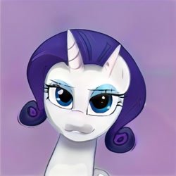 Size: 1024x1024 | Tagged: safe, ai model:thisponydoesnotexist, oc, oc only, species:pony, species:unicorn, artificial intelligence, bedroom eyes, bicorn, eyeshadow, female, horn, lip bite, makeup, mare, multiple horns, neural network, not rarity, purple background, simple background, solo