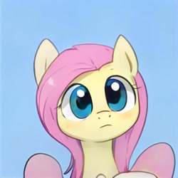 Size: 1024x1024 | Tagged: safe, ai model:thisponydoesnotexist, character:fluttershy, species:pony, bust, cute, female, looking at you, mare, neural network, not fluttershy, portrait, simple background, solo