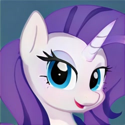 Size: 1024x1024 | Tagged: safe, ai model:thisponydoesnotexist, species:pony, species:unicorn, beautiful, blue background, blue eyes, bust, flirting, head, looking at you, neural network, not rarity, open eyes, open mouth, portrait, pretty, simple background, smiling, smiling at you