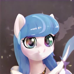 Size: 1024x1024 | Tagged: safe, ai model:thisponydoesnotexist, species:pony, blue hair, clothing, cool, gray background, i have no mouth and i must scream, jacket, neural network, rainbow eyes, simple background