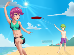 Size: 2558x1920 | Tagged: safe, artist:thebrokencog, character:scootaloo, character:spike, species:human, species:pegasus, species:pony, ship:scootaspike, armpits, barefoot, beach, belly button, bikini, board shorts, breasts, clothing, cloud, commission, feet, female, frisbee, frizbee, green eyes, green hair, happy, humanized, male, midriff, net, nipples, ocean, open mouth, outdoors, partial nudity, purple eyes, purple hair, sand, shadow, shipping, shore, shorts, sky, small breasts, smiling, straight, sun, sunbrella, swimsuit, topless, water