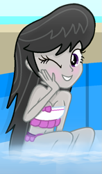 Size: 465x791 | Tagged: safe, artist:grapefruitface1, base used, character:octavia melody, my little pony:equestria girls, beach, blushing, breasts, clothing, female, looking at you, one eye closed, solo, swimming pool, swimsuit, water, wink