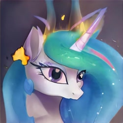 Size: 1024x1024 | Tagged: safe, ai model:thisponydoesnotexist, oc, oc only, species:pony, species:unicorn, artificial intelligence, ethereal mane, eyeshadow, female, fire, galaxy mane, makeup, mare, multicolored hair, neural network, not celestia, solo