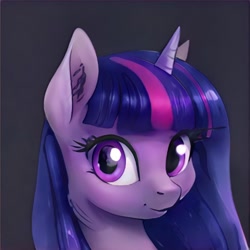 Size: 1024x1024 | Tagged: safe, ai model:thisponydoesnotexist, oc, oc only, species:pony, species:unicorn, artificial intelligence, black background, female, mare, multicolored hair, neural network, not twilight sparkle, simple background, solo
