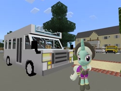 Size: 2048x1536 | Tagged: safe, artist:topsangtheman, species:pony, species:unicorn, 3d, bus, clothing, cornetta, female, hat, house, looking at you, minecraft, sfm pony, solo, source filmmaker, uniform
