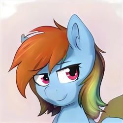 Size: 1024x1024 | Tagged: safe, ai model:thisponydoesnotexist, oc, oc only, species:earth pony, species:pony, female, mare, multicolored hair, neural network, not rainbow dash, rainbow hair, smiling, smirk, solo