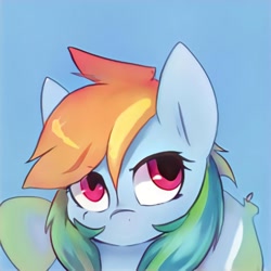 Size: 1024x1024 | Tagged: safe, ai model:thisponydoesnotexist, species:pegasus, species:pony, artificial intelligence, blue background, female, mare, multicolored hair, neural network, not rainbow dash, rainbow hair, simple background, solo