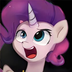 Size: 1024x1024 | Tagged: safe, ai model:thisponydoesnotexist, species:pony, species:unicorn, artificial intelligence, black background, female, mare, neural network, not rarity, open mouth, simple background, solo