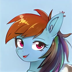 Size: 1024x1024 | Tagged: safe, ai model:thisponydoesnotexist, oc, oc only, species:earth pony, species:pony, artificial intelligence, blue background, ear piercing, earring, female, jewelry, mare, multicolored hair, neural network, not rainbow dash, open mouth, piercing, rainbow hair, simple background, solo