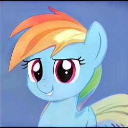 Size: 1024x1024 | Tagged: safe, ai model:thisponydoesnotexist, species:earth pony, species:pony, artificial intelligence, blue background, female, grin, mare, multicolored hair, neural network, not rainbow dash, rainbow hair, simple background, smiling, solo