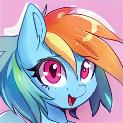 Size: 1024x1024 | Tagged: safe, ai model:thisponydoesnotexist, species:pony, artificial intelligence, bust, cute, female, neural network, not rainbow dash, open mouth, portrait, simple background, solo