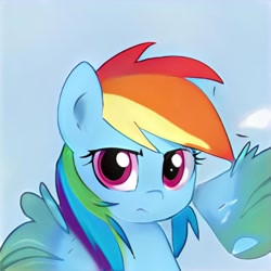 Size: 1024x1024 | Tagged: safe, ai model:thisponydoesnotexist, species:pony, artificial intelligence, bust, female, frown, neural network, not rainbow dash, portrait, simple background, solo