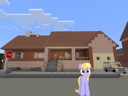 Size: 2048x1536 | Tagged: safe, artist:bluemeganium, artist:topsangtheman, character:cloud kicker, species:pegasus, species:pony, car, female, house, looking at you, minecraft, photoshopped into minecraft, solo, stop sign