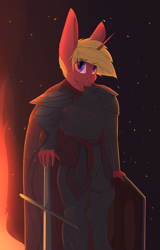 Size: 2300x3600 | Tagged: safe, artist:chapaevv, oc, oc only, oc:fire bolt, species:anthro, armor, commission, fire, knight, looking at you, male, sheild, solo, sword, weapon