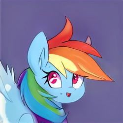 Size: 1024x1024 | Tagged: safe, ai model:thisponydoesnotexist, oc, oc only, species:pegasus, species:pony, artificial intelligence, blue background, female, mare, multicolored hair, neural network, not rainbow dash, open mouth, rainbow hair, simple background, solo