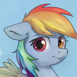 Size: 1024x1024 | Tagged: safe, ai model:thisponydoesnotexist, oc, oc only, species:pegasus, species:pony, artificial intelligence, blue background, female, heterochromia, mare, multicolored hair, neural network, not rainbow dash, rainbow hair, simple background, solo
