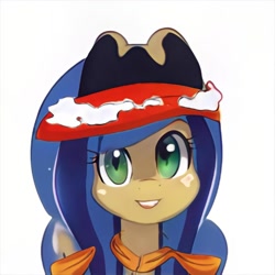 Size: 1024x1024 | Tagged: safe, ai model:thisponydoesnotexist, oc, oc only, species:earth pony, species:pony, artificial intelligence, beanie, clothing, female, grin, hat, headband, mare, neural network, scarf, simple background, smiling, solo, white background