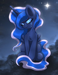 Size: 1000x1300 | Tagged: safe, artist:joakaha, character:princess luna, species:alicorn, species:pony, chest fluff, crying, eyes closed, female, mare, night, sad, sitting, sky, solo, stars