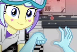 Size: 1280x869 | Tagged: safe, artist:grapefruitface1, base used, character:kiwi lollipop, character:supernova zap, my little pony:equestria girls, blue oyster cult, clothing, hand, k-lo, kiwi lollipop, lab coat, laboratory, offscreen character, pov, supernova zap