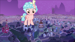 Size: 3840x2160 | Tagged: safe, artist:foxy-noxy, artist:vector-brony, character:cozy glow, species:pegasus, species:pony, cozybetes, cute, female, filly, giant pegasus, giant pony, macro, night, ponyville, ponyville town hall, solo, sweet apple acres, this well end in rampage, this will not end well