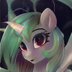 Size: 1024x1024 | Tagged: safe, ai model:thisponydoesnotexist, species:alicorn, species:pony, glowing horn, horn, looking at you, neural network