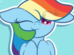 Size: 1920x1418 | Tagged: safe, artist:kimjoman, character:rainbow dash, species:pony, blue background, bust, cute, dashabetes, eye clipping through hair, female, floppy ears, hooves to the chest, looking at you, mare, one eye closed, simple background, smiling, solo, sweet dreams fuel, wink