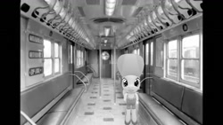 Size: 1334x750 | Tagged: safe, artist:topsangtheman, species:earth pony, species:pony, 3d, cinnabar, golden hooves, irl, looking at you, monochrome, new york city, new york city subway, photo, ponies in real life, quicksilver, solo, source filmmaker