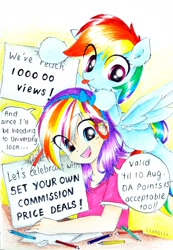 Size: 2234x3228 | Tagged: safe, artist:liaaqila, character:rainbow dash, oc, oc:qilala, species:human, species:pegasus, species:pony, my little pony:equestria girls, advertisement, blep, colored pencils, commission, cute, dashabetes, dialogue, duo, eye clipping through hair, female, flying, looking at you, mare, milestone, ocbetes, pencil, sign, sitting, smiling, spread wings, tongue out, traditional art, wings