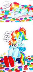 Size: 797x1719 | Tagged: safe, artist:liaaqila, edit, character:rainbow dash, species:human, species:pegasus, species:pony, my little pony:equestria girls, blue wings, challenge accepted, clothing, comic strip, cute, cutie mark, dashabetes, dawwww, denim shorts, dialogue, eyes closed, fail, female, floating heart, heart, hug, human ponidox, indoors, lego, liaaqila is trying to murder us, liaaqila is trying to murder us with dashabetes, lying down, mare, multicolored hair, no socks, open mouth, pink eyes, ponidox, ponytail, rainbow dash is not amused, rainbow hair, rainbow tail, scrunchy face, self ponidox, shoes, shorts, simple background, sitting, smiling, sneakers, speech bubble, talking, tempting fate, text, traditional art, unamused, watermark, white background, wings