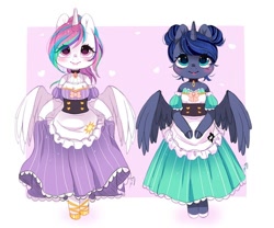 Size: 800x664 | Tagged: safe, artist:ipun, character:princess celestia, character:princess luna, species:alicorn, species:anthro, species:pony, alternate hairstyle, barmaid, blushing, choker, clothing, colored hooves, cute, detached sleeves, dress, duo, female, friendship cafe, hair bun, heart, hoof hold, maid, open mouth, ponytail, royal sisters, semi-anthro, siblings, sisters, smiling