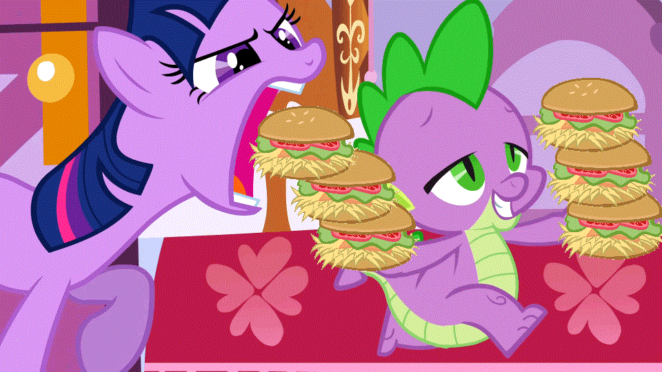 Size: 960x540 | Tagged: safe, artist:memnoch, edit, screencap, character:spike, character:twilight sparkle, character:twilight sparkle (unicorn), species:dragon, species:pony, species:unicorn, episode:green isn't your color, g4, my little pony: friendship is magic, bed, bedroom, borgarposting, burger, female, food, frown, glare, grin, hay burger, herbivore, horses doing horse things, imminent bite, lidded eyes, male, mare, open mouth, out of context, raised hoof, smiling, smirk, twilight burgkle, vector, walking