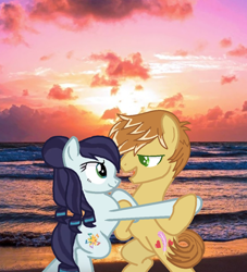 Size: 1872x2064 | Tagged: safe, artist:themexicanpunisher, edit, character:coloratura, character:feather bangs, ship:colorabangs, beach, cloud, dancing, duet, evening, female, looking at each other, lyrics in the description, male, ocean, scenery, shipping, sky, smiling, song reference, straight, summer, sun, sunset, water, wave, youtube link