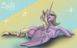 Size: 1200x753 | Tagged: source needed, useless source url, safe, artist:sunny way, patreon reward, oc, oc only, species:alicorn, species:pony, bedroom eyes, feather, female, horn, mare, patreon, royal, shiny, smiling, solo, wings