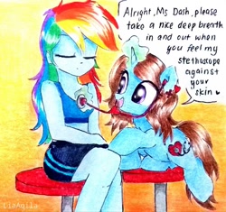 Size: 922x866 | Tagged: safe, artist:liaaqila, character:rainbow dash, oc, oc:nurse hypno heart, species:pony, species:unicorn, my little pony:equestria girls, blue fur, blue skin, brown mane, brown tail, checkup, clothing, commission, crossed legs, dialogue, dup, eyes closed, gym shorts, happy, long hair, magic, multicolored hair, nurse, open mouth, purple eyes, rainbow hair, raised eyebrows, shorts, sitting, smiling, speech bubble, sports bra, sporty style, stethoscope, stool, tank top, telekinesis, watermark
