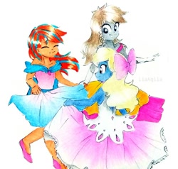 Size: 916x872 | Tagged: safe, artist:liaaqila, oc, oc:azure/sapphire, oc:cold front, oc:disty, my little pony:equestria girls, bow, clothing, crossdressing, cute, dancing, dress, equestria girls-ified, evening gloves, gloves, long gloves, shoes